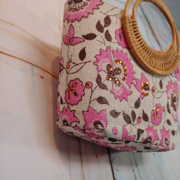 *no tag VINTAGE style purse handbag w burlap texture rattan handle pink & cream - Picture 10 of 16